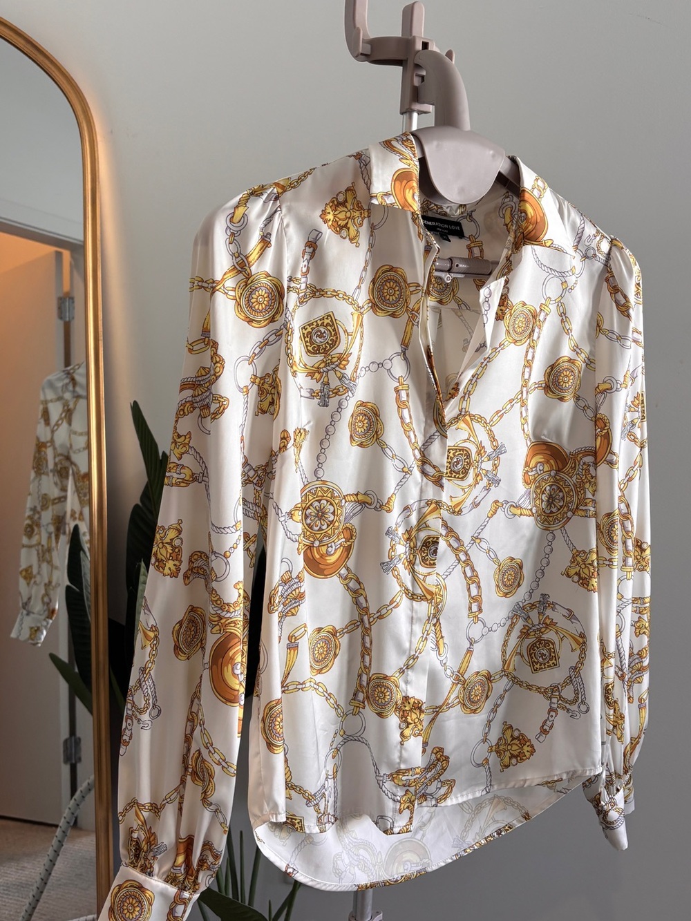 Generation Love White Blouse with Gold Chain & Medallion Print